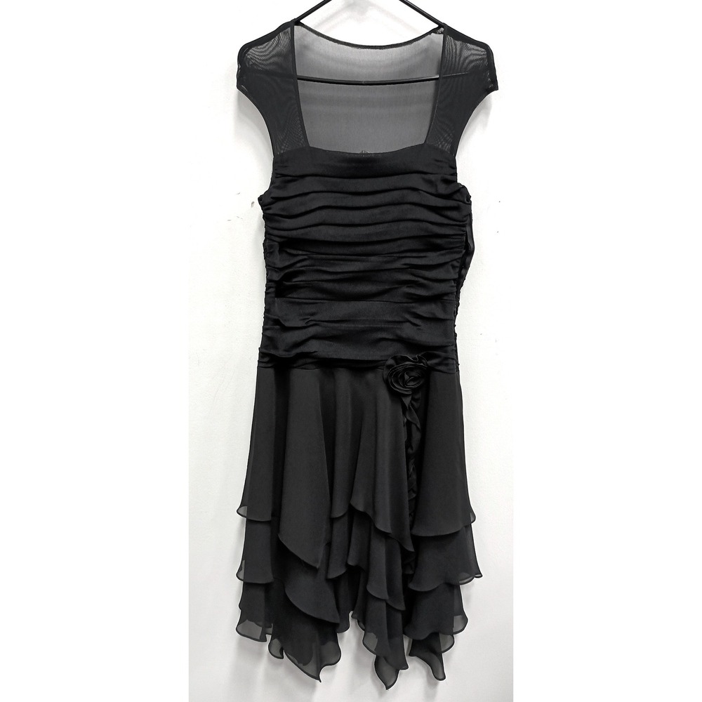 Vintage Cocktail Dress Womens 12 Black Ruched Rosette Mesh Tiered Chiffon